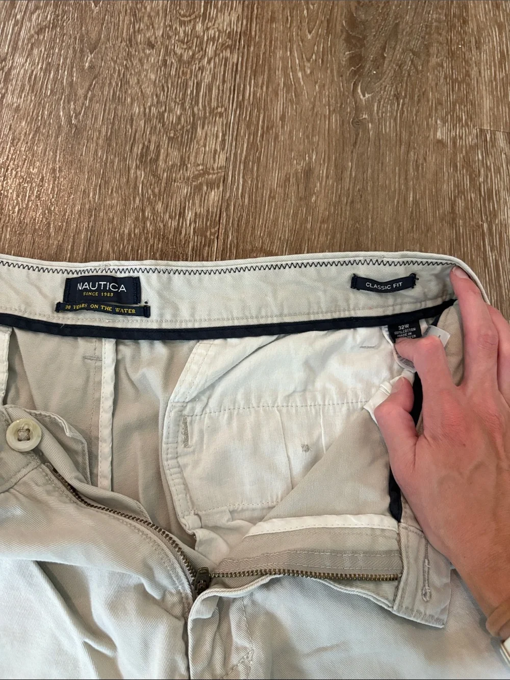 Nautica Beige and Navy Flat-Front Cotton Shorts
